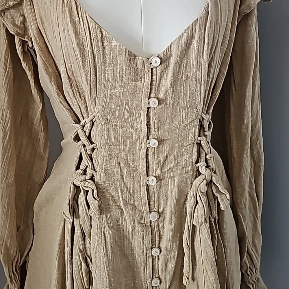 FREE PEOPLE XS In The Mood For Frills Tan Mini Dress - Picture 2 of 5